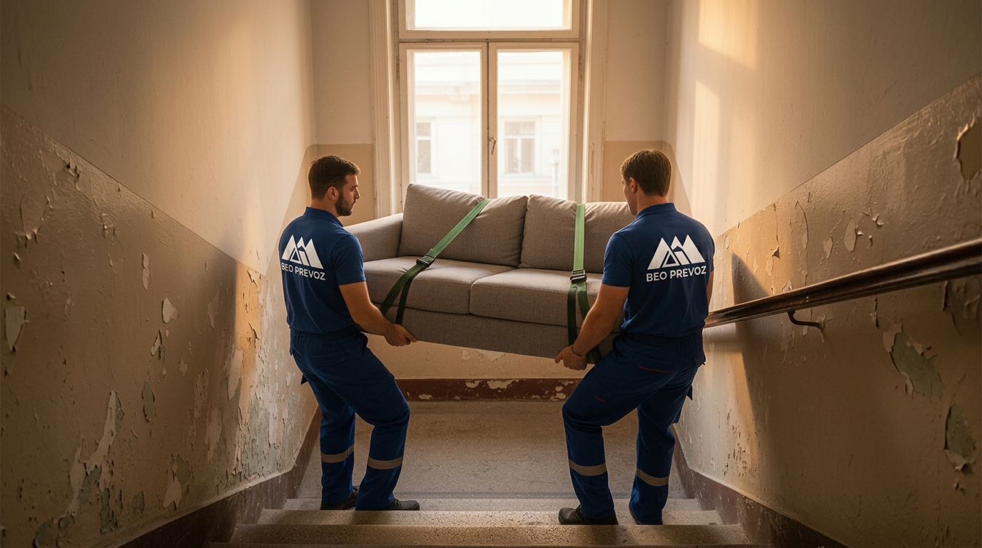 Profesionalni radnici nose kauč uz stepenice u zgradi bez lifta