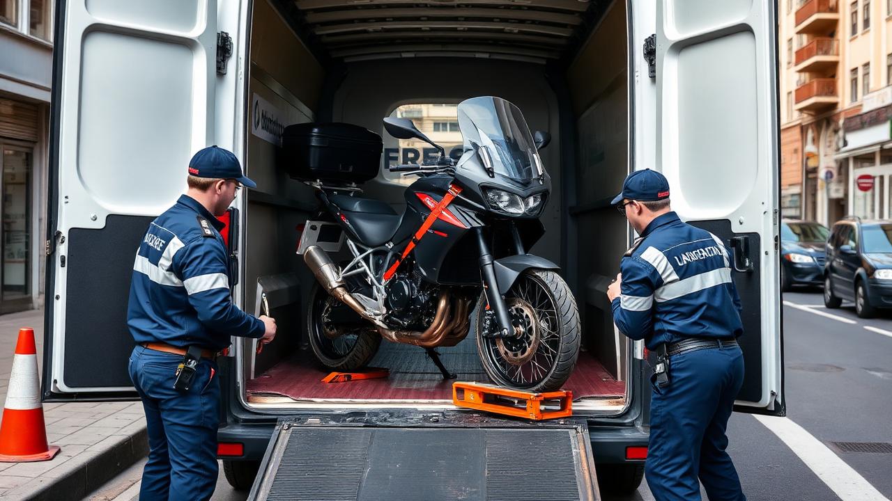 Radnici vezuju motocikl u kombiju sa rampom