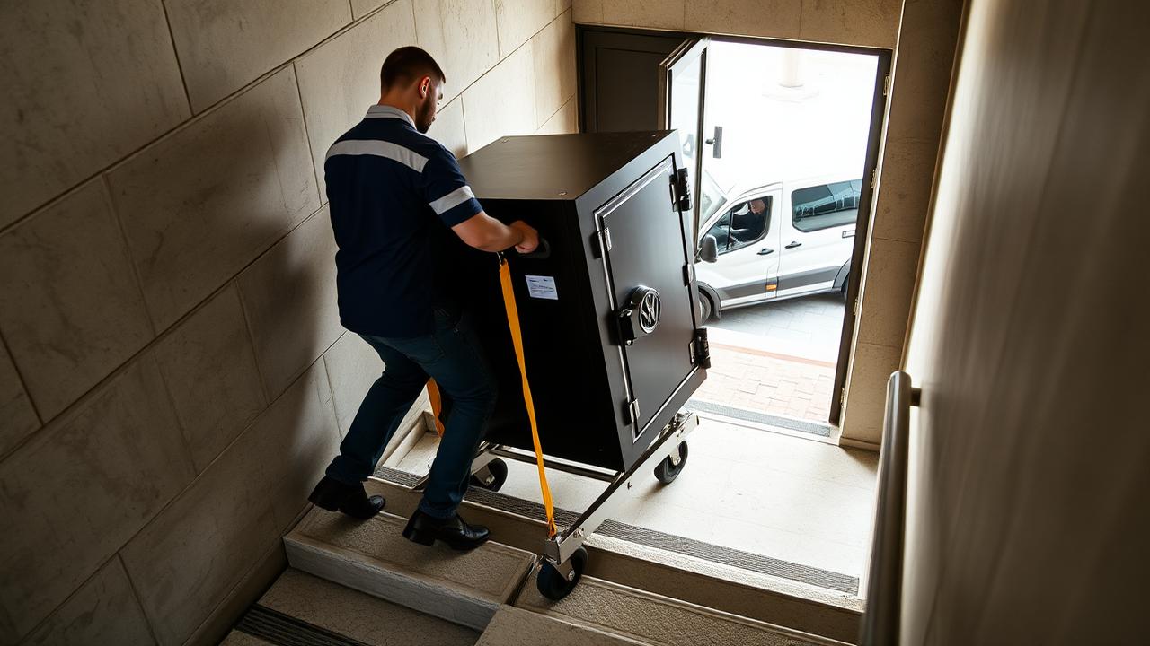 Radnici iznose sef stepenišnim kolicima